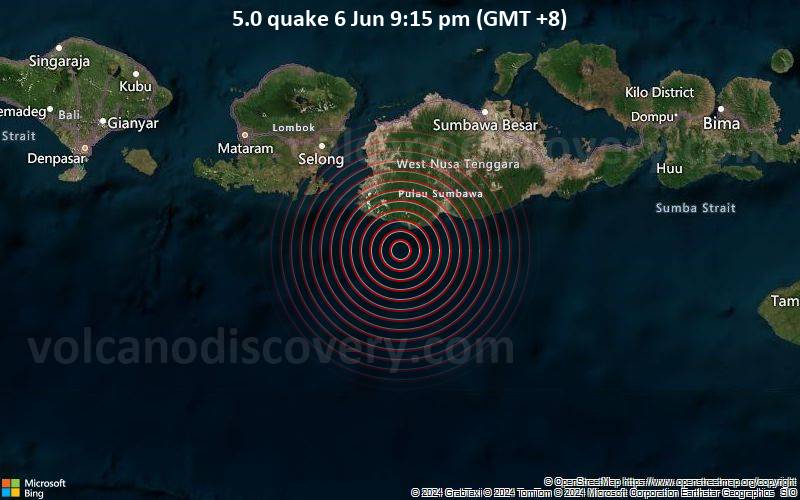 Starkes Beben der Stärke 5.0 - Indischer Ozean, 95 km südwestlich von Sumbawa Besar, Indonesien, am Donnerstag,  6. Juni 2024, um 21:15 (Makassar Zeit)