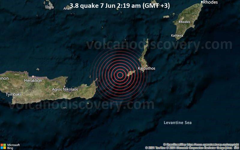 Leichtes Erdbeben der Stärke 3.8 - 47 km westlich von Karpathos, Dodecanese, Südliche Ägäis, Griechenland, am Freitag,  7. Juni 2024, um 02:19 (GMT +3)