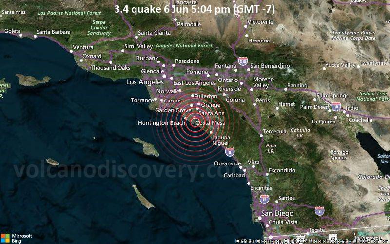 Leichtes Erdbeben der Stärke 3.4 - 2.6 km südöstlich von Costa Mesa, Orange County, Kalifornien, USA, am Donnerstag,  6. Juni 2024, um 17:04 (GMT -7)