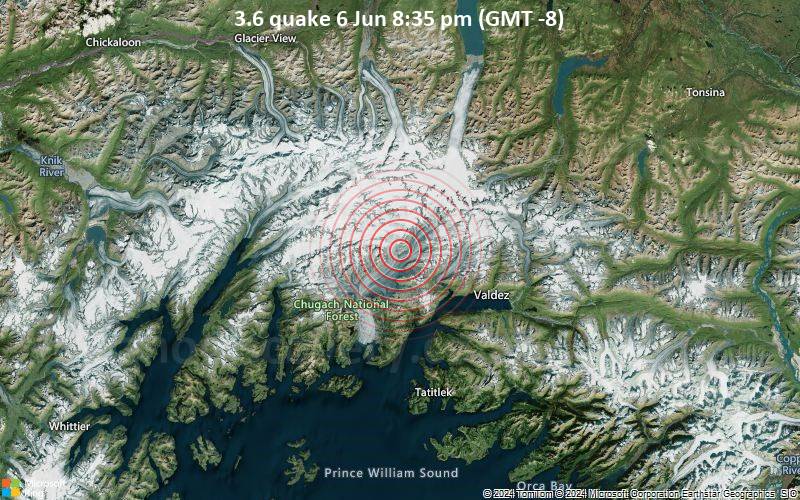 Leichtes Erdbeben der Stärke 3.6 - 30 km WNW of Valdez, Alaska, am Donnerstag,  6. Juni 2024, um 20:35 (Anchorage Zeit)