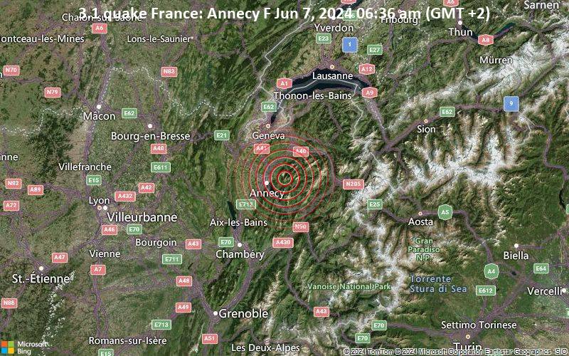 Leichtes Erdbeben der Stärke 3.1 - France: Annecy F am Freitag,  7. Juni 2024, um 06:36 (GMT +2)