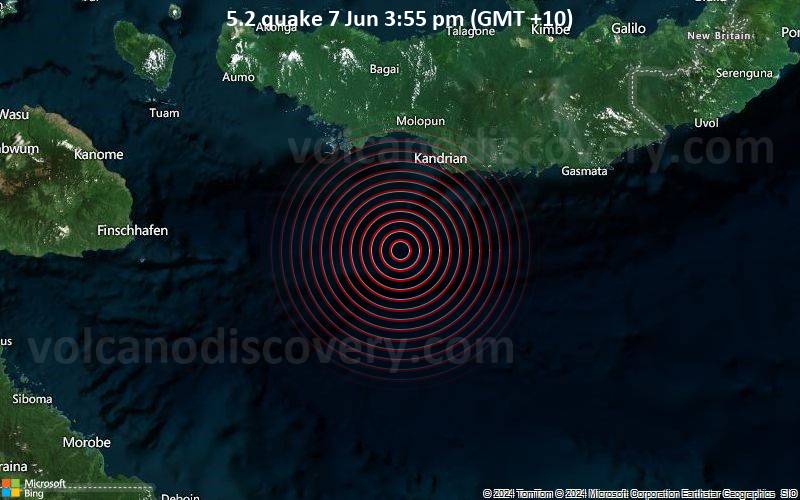 Starkes Beben der Stärke 5.2 - Solomon Sea, 247 km südöstlich von Lottin , Morobe, Papua-Neuguinea, am Freitag,  7. Juni 2024, um 15:55 (GMT +10)