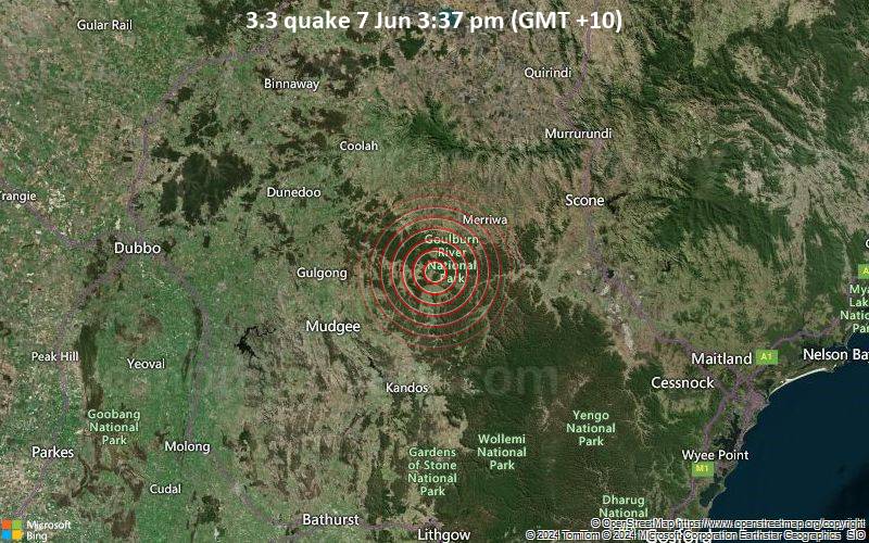 Leichtes Erdbeben der Stärke 3.3 - 55 km nordöstlich von Mudgee, Mid-Westernal, New South Wales, Australien, am Freitag,  7. Juni 2024, um 15:37 (Sydney Zeit)