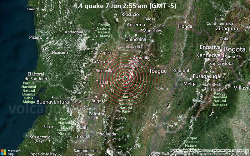 Moderates Erdbeben der Stärke 4.4 - Génova - Quindío, Colombia, am Freitag,  7. Juni 2024, um 02:55 (Bogota Zeit)