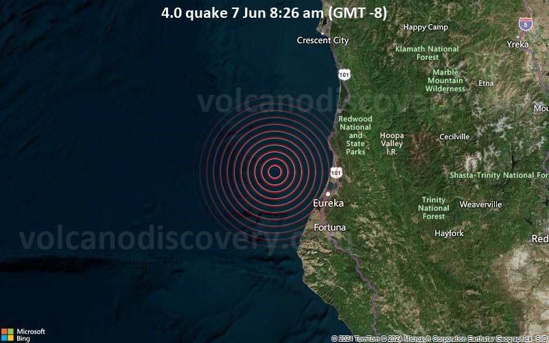 Moderates Erdbeben der Stärke 4.0 - Nordpazifik, 38 km westlich von Eureka, Humboldt County, Kalifornien, USA, am Freitag,  7. Juni 2024, um 08:26 (GMT -8)