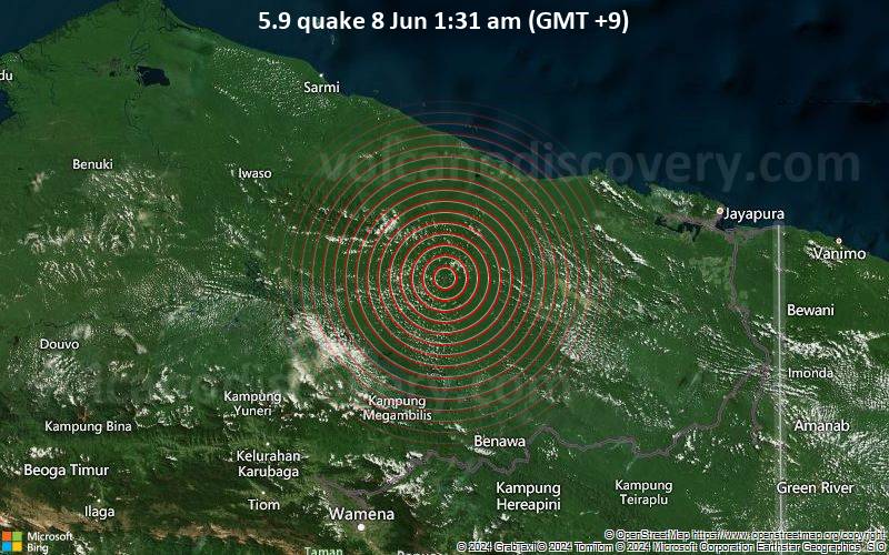 Starkes Beben der Stärke 5.9 - Kabupaten Sarmi, South Papua, 156 km westlich von Jayapura, Indonesien, am Samstag,  8. Juni 2024, um 01:31 (Jayapura Zeit)
