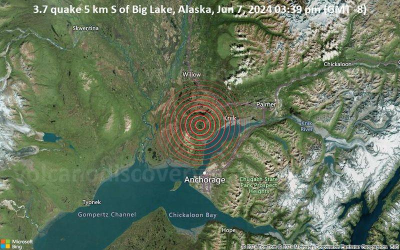 Leichtes Erdbeben der Stärke 3.7 - 5 km S of Big Lake, Alaska, am Freitag,  7. Juni 2024, um 15:39 (GMT -8)