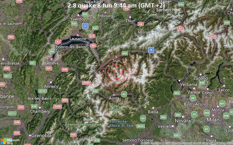 Schwaches Erdbeben Stärke 2.8 - 22 km südlich von Sitten, Sion, Wallis, Schweiz, am Samstag,  8. Juni 2024, um 09:44 (Zurich Zeit)
