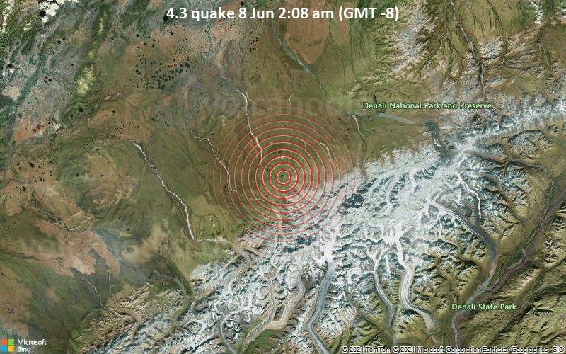 Moderates Erdbeben der Stärke 4.3 - 37 km S of Denali National Park, Alaska, am Samstag,  8. Juni 2024, um 02:08 (GMT -8)