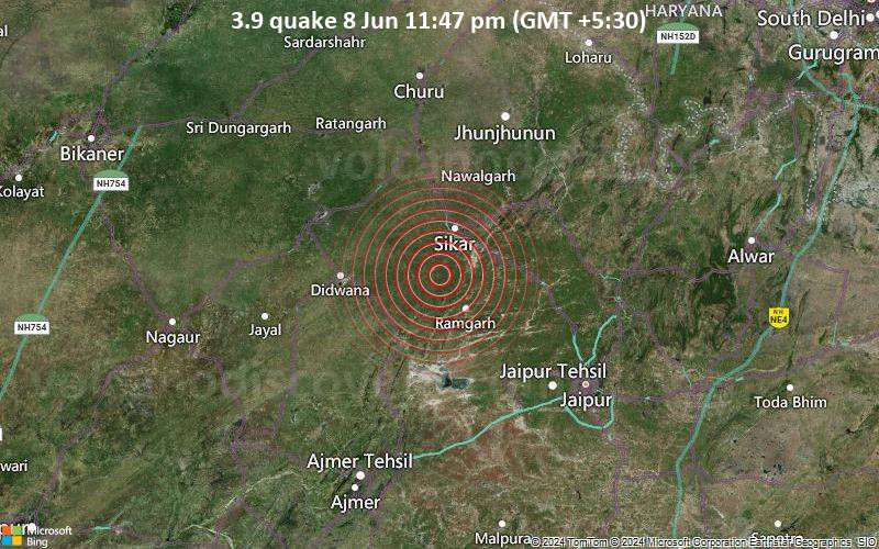 Leichtes Erdbeben der Stärke 3.9 - 24 km südlich von Sikar, Sikar, Rajasthan, Indien, am Samstag,  8. Juni 2024, um 23:47 (GMT +5:30)