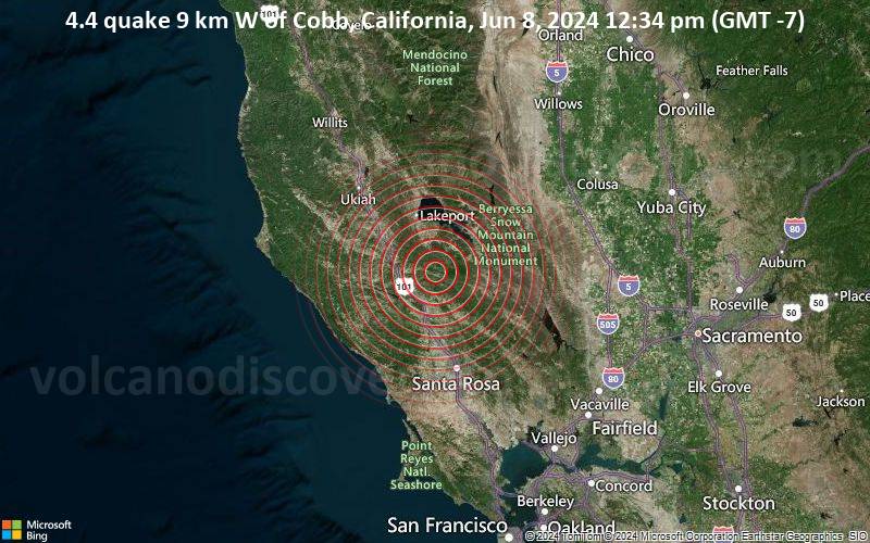 Moderates Erdbeben der Stärke 4.4 - 9 km W of Cobb, California, am Samstag,  8. Juni 2024, um 12:34 (GMT -7)