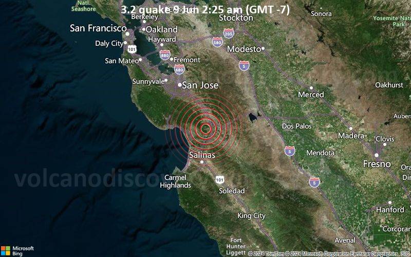 Leichtes Erdbeben der Stärke 3.2 - 6.6 km südwestlich von Gilroy, Santa Clara County, Kalifornien, USA, am Sonntag,  9. Juni 2024, um 02:25 (Los Angeles Zeit)
