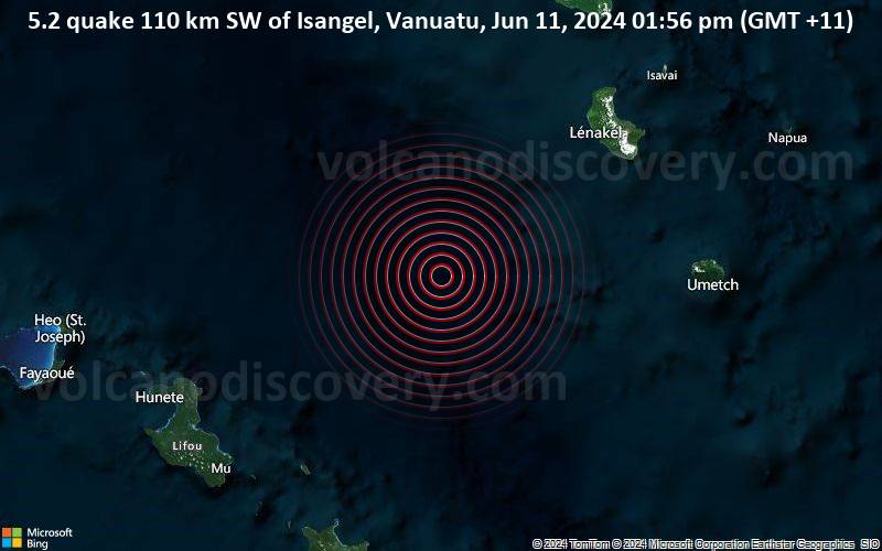 5.2 quake 110 km SW of Isangel, Vanuatu, Jun 11, 2024 01:56 pm (GMT +11)