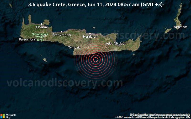 3.6 quake Crete, Greece, Jun 11, 2024 08:57 am (GMT +3)