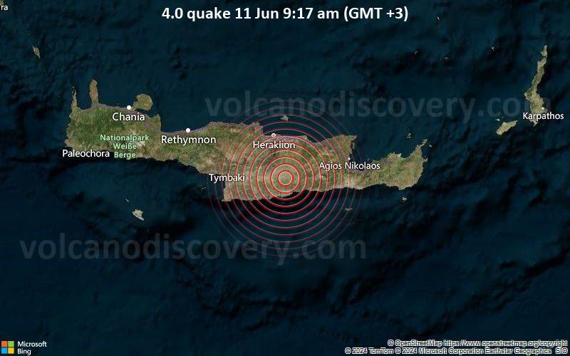 Moderates Erdbeben der Stärke 4.0 - 30 km südlich von Heraklion, Heraklion, Kreta, Griechenland, am Dienstag, 11. Juni 2024, um 09:17 (GMT +3)