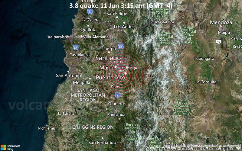 Leichtes Erdbeben der Stärke 3.8 - Region Metropolitana, Chile, am Dienstag, 11. Juni 2024, um 03:15 (Santiago Zeit)