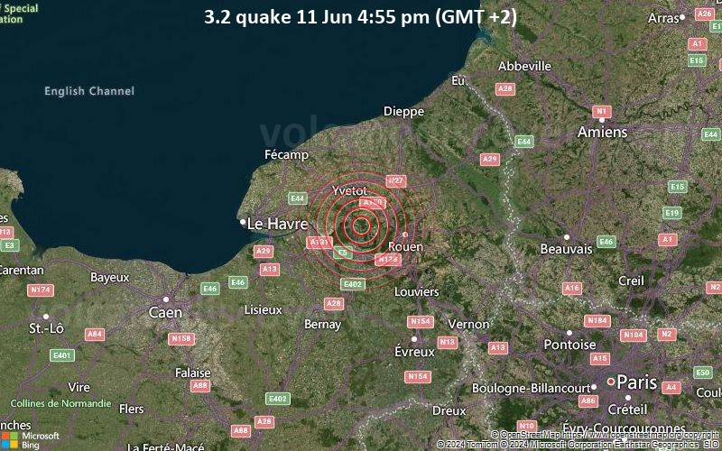 Leichtes Erdbeben der Stärke 3.2 - 20 km westlich von Rouen, Seine-Maritime, Normandie, Frankreich, am Dienstag, 11. Juni 2024, um 16:55 (Paris Zeit)