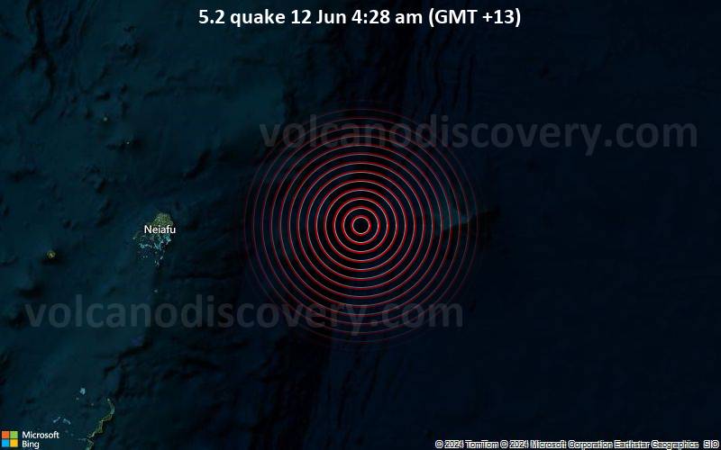 Starkes Beben der Stärke 5.2 - South Pacific Ocean, 129 km östlich von Neiafu, Vava'u, Tonga, am Mittwoch, 12. Juni 2024, um 04:28 (GMT +13)
