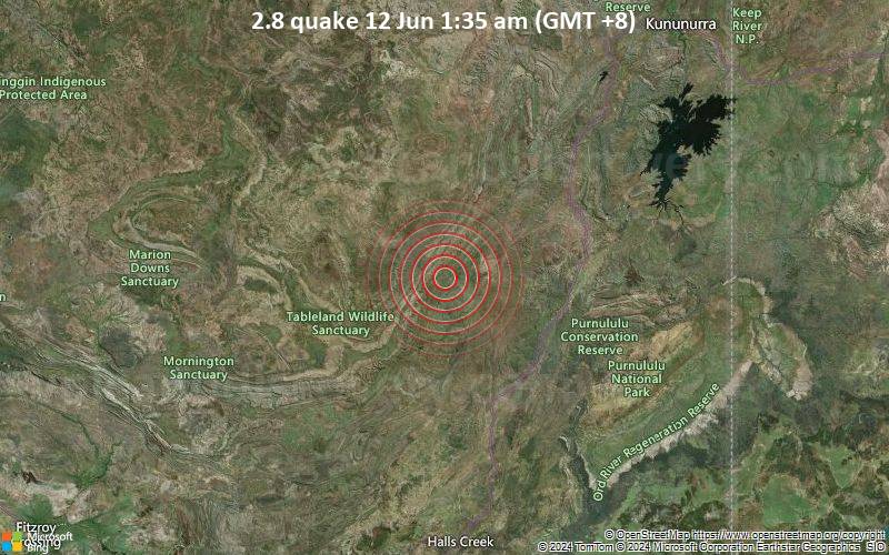 Schwaches Erdbeben Stärke 2.8 - Halls Creek, 184 km südwestlich von Kununurra, Wyndham-East Kimberley, Westaustralien, Australien, am Mittwoch, 12. Juni 2024, um 01:35 (Perth Zeit)