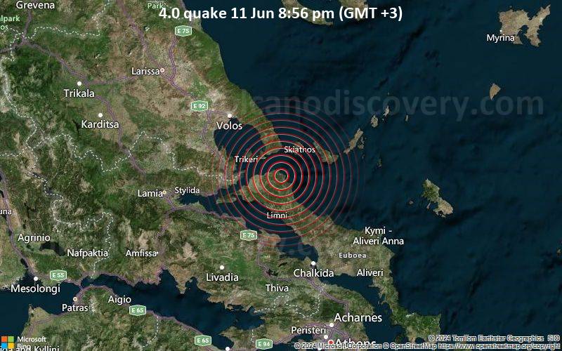 Moderates Erdbeben der Stärke 4.0 - Mittelgriechenland, 53 km südöstlich von Volos, Griechenland, am Dienstag, 11. Juni 2024, um 20:56 (Athens Zeit)