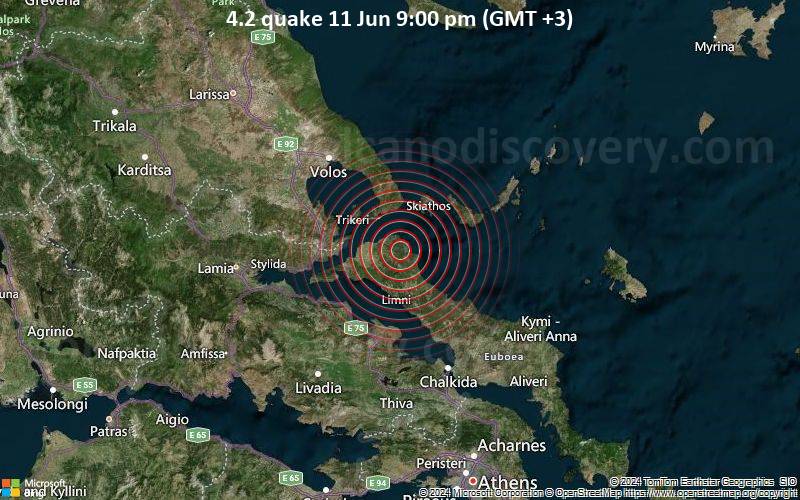 Moderates Erdbeben der Stärke 4.2 - 55 km südöstlich von Volos, Magnesia, Thessalien, Griechenland, am Dienstag, 11. Juni 2024, um 21:00 (GMT +3)