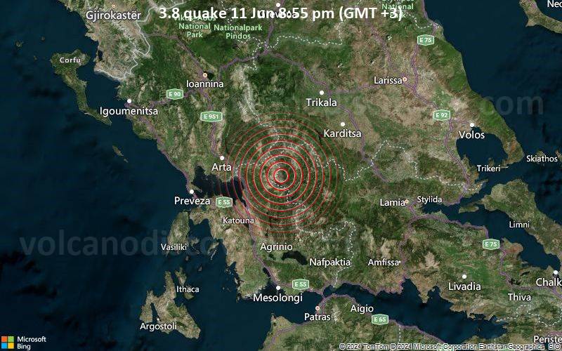 Leichtes Erdbeben der Stärke 3.8 - Nomos Evrytanias, Mittelgriechenland, Griechenland, am Dienstag, 11. Juni 2024, um 20:55 (Athens Zeit)