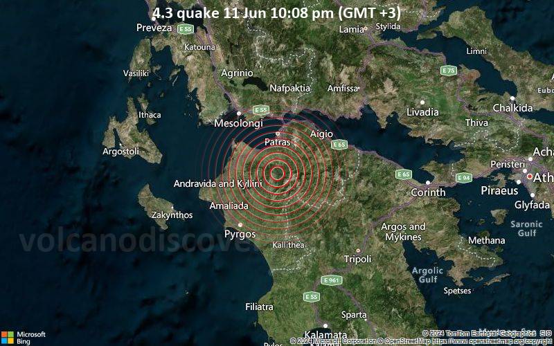 Moderates Erdbeben der Stärke 4.3 - 27 km südlich von Patras, Achaea, Westgriechenland, Griechenland, am Dienstag, 11. Juni 2024, um 22:08 (GMT +3)