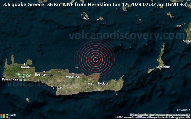 Leichtes Erdbeben der Stärke 3.6 - Greece: 36 Km NNE from Heraklion am Mittwoch, 12. Juni 2024, um 07:32 (GMT +3)