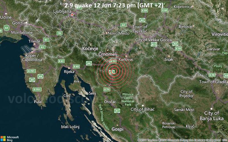 Schwaches Erdbeben Stärke 2.9 - 29 km südwestlich von karurovu~atsu, Karlovac, Kroatien, am Mittwoch, 12. Juni 2024, um 19:23 (GMT +2)