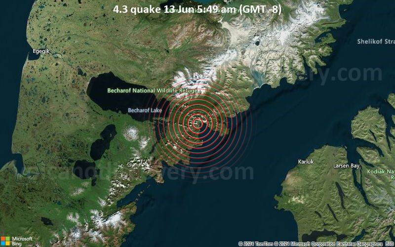 Moderates Erdbeben der Stärke 4.3 - 74 km WNW of Karluk, Alaska, am Donnerstag, 13. Juni 2024, um 05:49 (Anchorage Zeit)