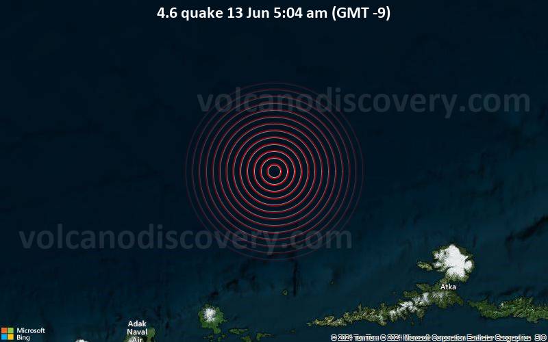 Moderates Erdbeben der Stärke 4.6 - Bering Sea, 86 km nordöstlich von Great Sitkin , Aleutians West, Alaska, USA, am Donnerstag, 13. Juni 2024, um 04:04 (GMT -10)