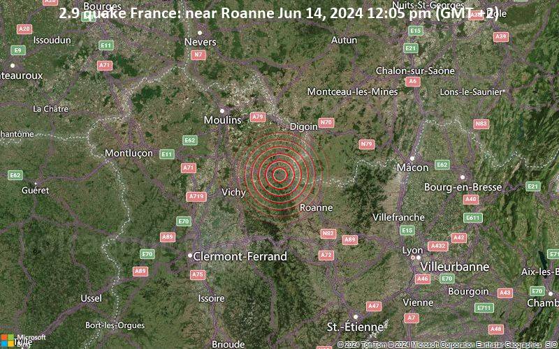 Schwaches Erdbeben Stärke 2.9 - France: near Roanne am Freitag, 14. Juni 2024, um 12:05 (GMT +2)