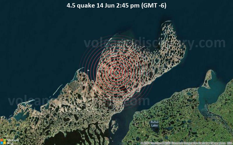Moderates Erdbeben der Stärke 4.5 - 212 km nordöstlich von Inuvik, Inuvik, Northwest Territories, Kanada, am Freitag, 14. Juni 2024, um 14:45 (GMT -6)