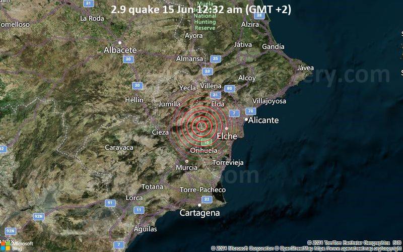 Schwaches Erdbeben Stärke 2.9 - Murcia, 24 km westlich von Elx, Alicante, Landes Valencia, Spanien, am Samstag, 15. Juni 2024, um 00:32 (Madrid Zeit)