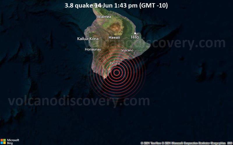 Leichtes Erdbeben der Stärke 3.8 - 86 km südwestlich von Hilo, Hawaii County, Hawaii, USA, am Freitag, 14. Juni 2024, um 13:43 (GMT -10)