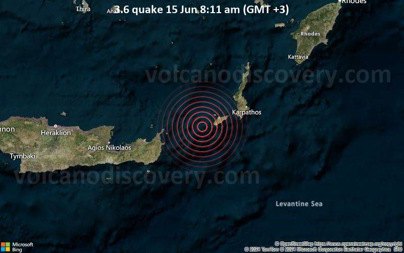 Leichtes Erdbeben der Stärke 3.6 - Greece: 19 Km WSW from Kassos am Samstag, 15. Juni 2024, um 08:11 (Athens Zeit)