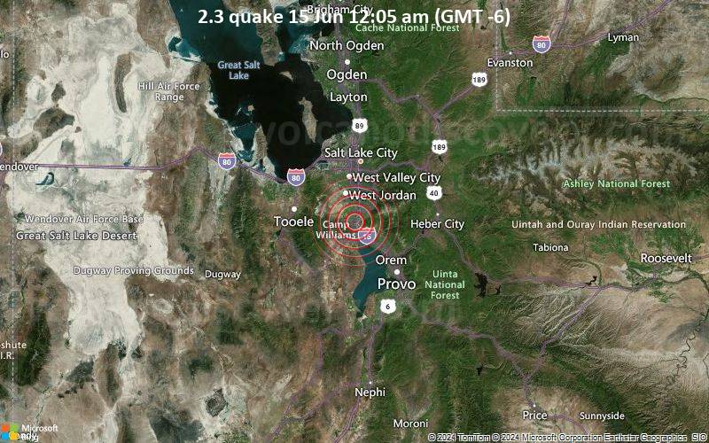 Schwaches Erdbeben Stärke 2.3 - 1 km SSE of Bluffdale, Utah, am Samstag, 15. Juni 2024, um 00:05 (Denver Zeit)