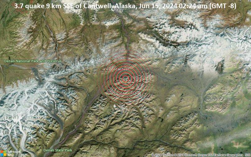 Leichtes Erdbeben der Stärke 3.7 - 9 km SSE of Cantwell, Alaska, am Samstag, 15. Juni 2024, um 02:24 (GMT -8)