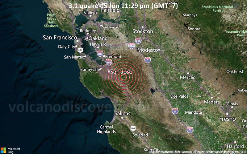 Leichtes Erdbeben der Stärke 3.1 - 14 km NNE of Morgan Hill, CA, am Samstag, 15. Juni 2024, um 23:29 (Los Angeles Zeit)