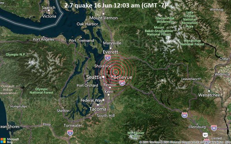 Schwaches Erdbeben Stärke 2.7 - 0 km ENE of Redmond, Washington, am Sonntag, 16. Juni 2024, um 00:03 (Los Angeles Zeit)