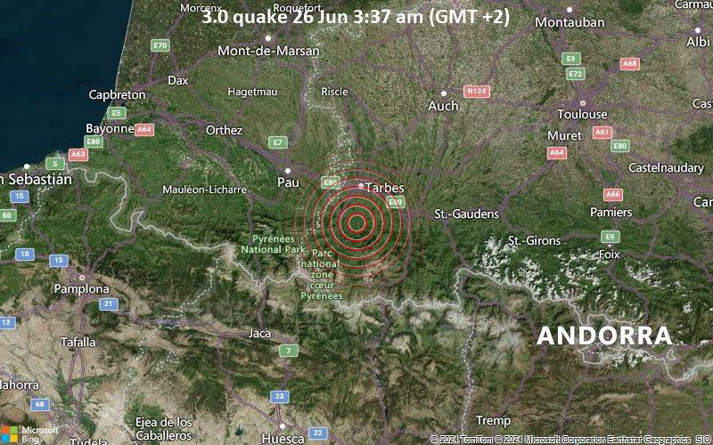 Leichtes Erdbeben der Stärke 3.0 - 18 km südlich von Tarbes, Hautes-Pyrenees, Occitanie, Frankreich, am Mittwoch, 26. Juni 2024, um 03:37 (GMT +2)