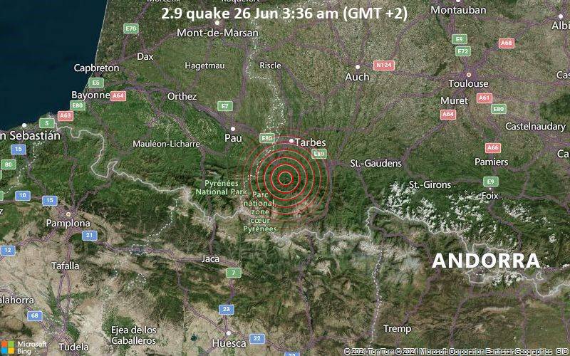 Schwaches Erdbeben Stärke 2.9 - 9.3 km südöstlich von Lourdes, Hautes-Pyrenees, Occitanie, Frankreich, am Mittwoch, 26. Juni 2024, um 03:36 (Paris Zeit)