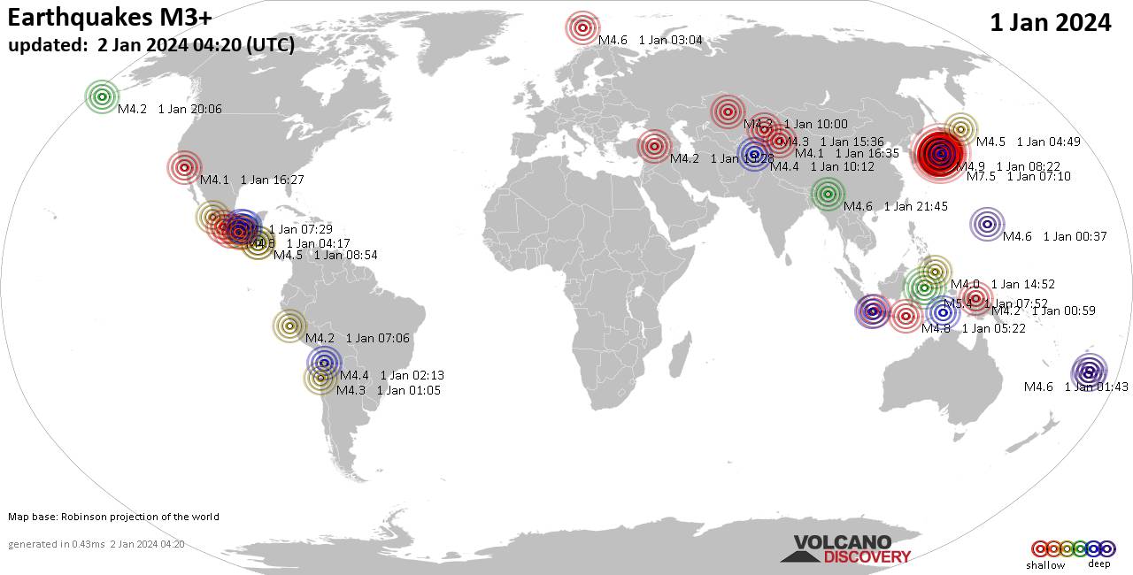 Erdbebenbericht weltweit für Montag, 1. Januar 2024 VolcanoDiscovery