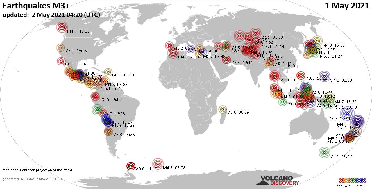 Más de 3 terremotos globales en las últimas 24 horas el 2 de mayo de 2021