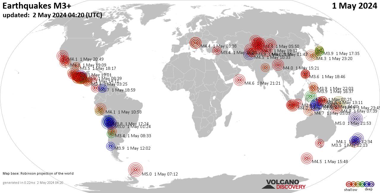 Carte du monde montrant les séismes supérieurs à la magnitude 3 mercredi,  1 mai 2024
