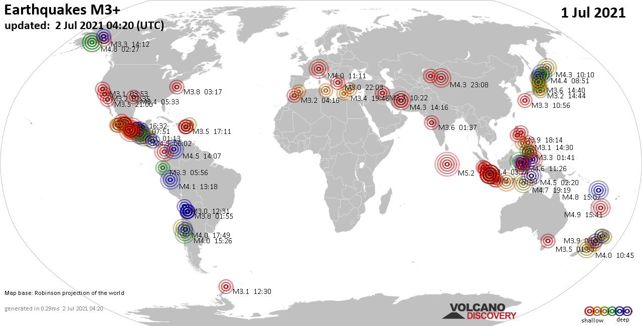 Mapa mundial que muestra terremotos de magnitud 3 en las últimas 24 horas  2 julio 2021