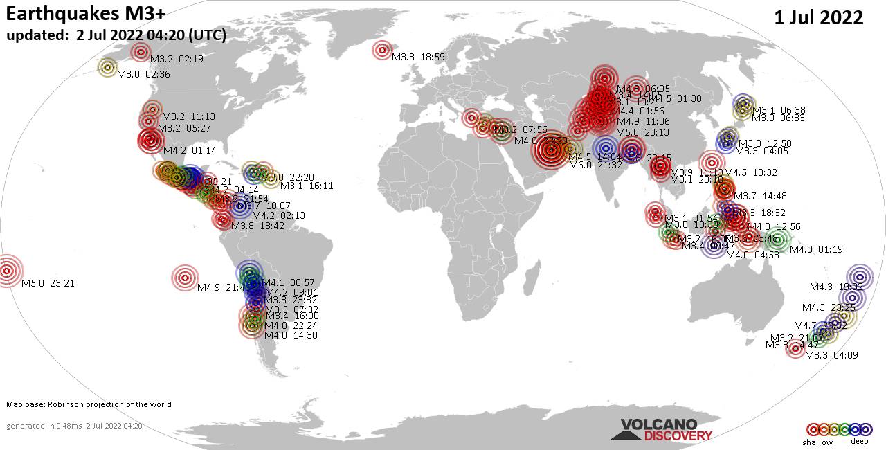 Mappa del mondo che mostra i terremoti sopra la magnitudo 3 nelle ultime 24 ore il  2 luglio 2022