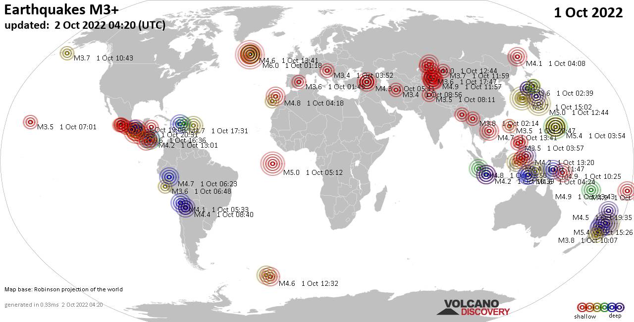 Mappa del mondo che mostra i terremoti sopra la magnitudo 3 nelle ultime 24 ore il  2 ottobre 2022