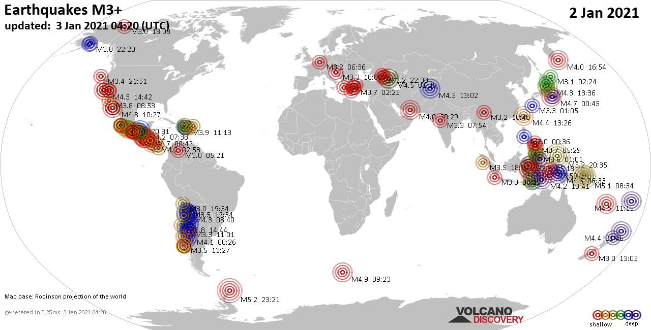 Terremotos en todo el mundo por encima de la magnitud 3 durante las últimas 24 horas el 2 de enero de 2021