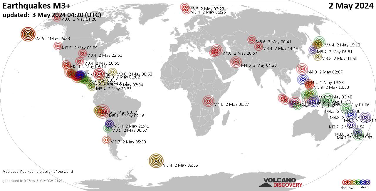 Carte du monde montrant les séismes supérieurs à la magnitude 3 jeudi,  2 mai 2024